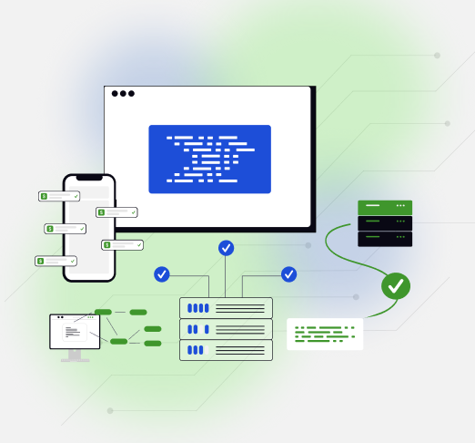 Code, servers, mobile payments and deployment illustration